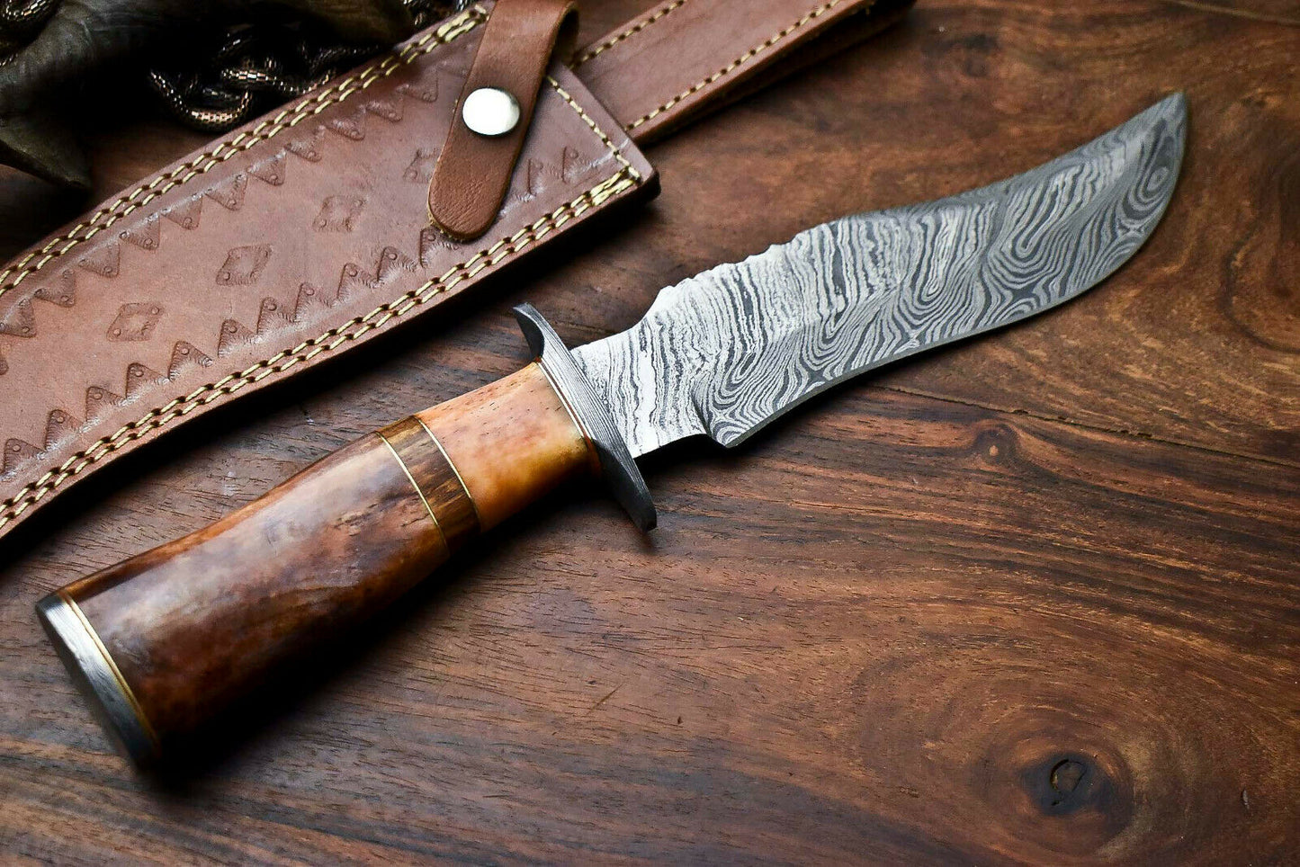 HS-410 | Custom Handmade Damascus Steel Hunting Knife - Camel Bone Handle