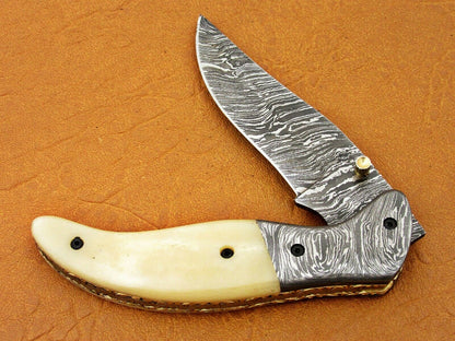 Custom Handmade Damascus Folding-Pocket Knife With Camel Bone Handle