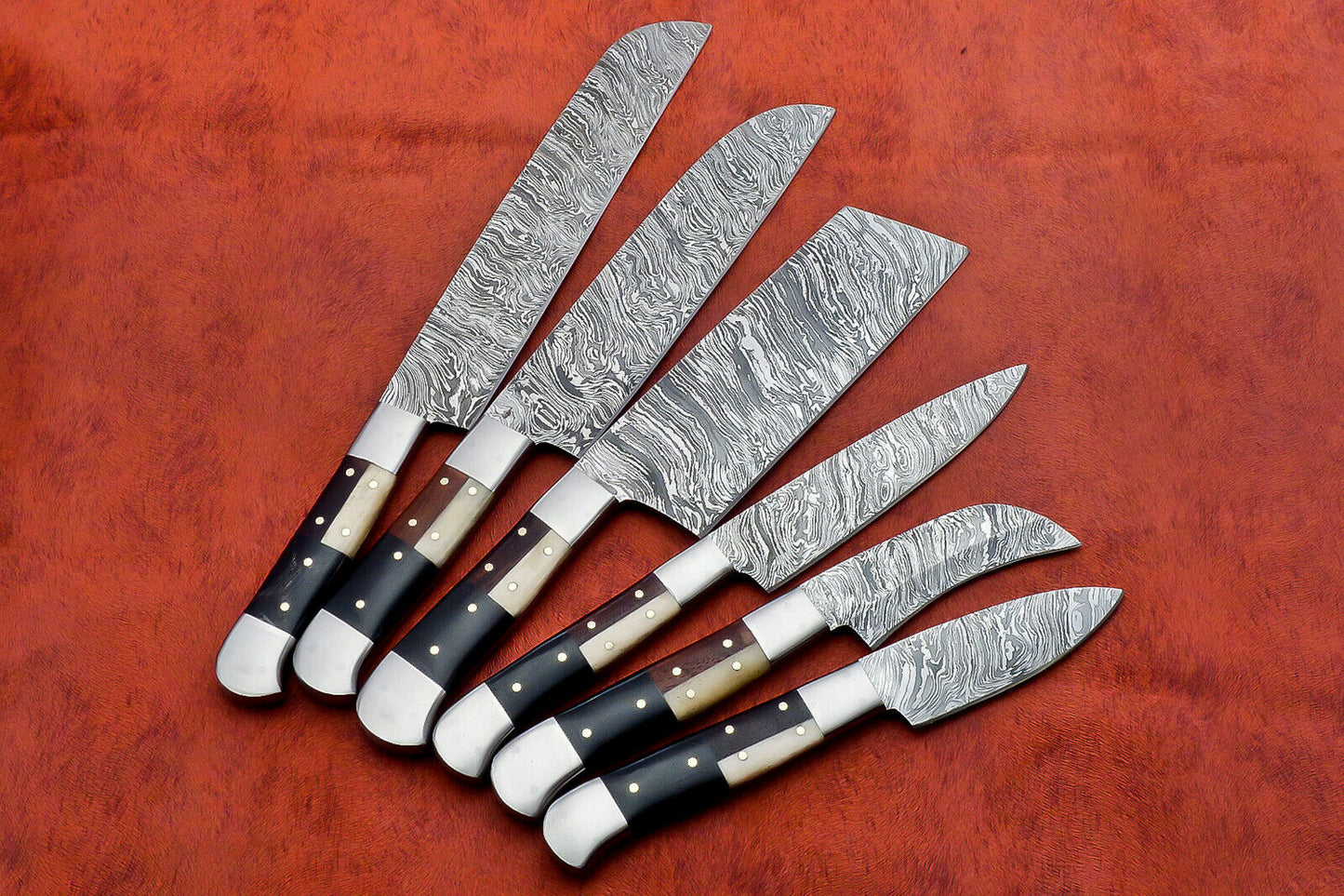 HS-143 Custom Handmade Damascus Steel 6 Piece Chef Set with Wood/Bone/Horn Handle