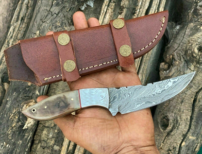 HS-771 Handmade Damascus Steel Hunting Engraved Eagle Skinner Knife "Ram Horn Handle"11