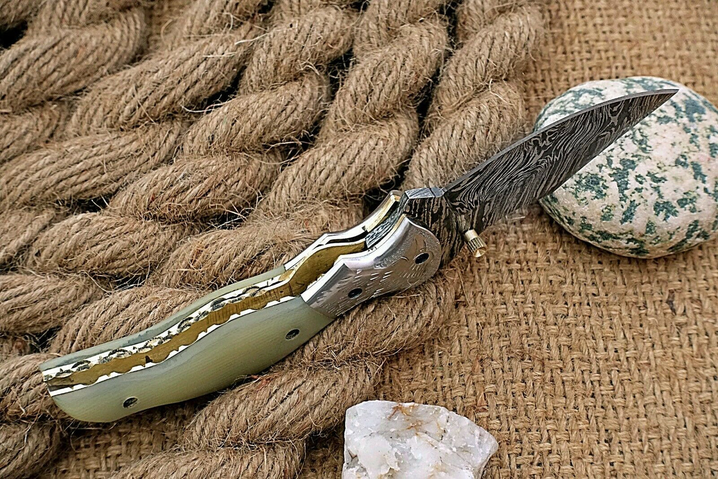 Custom Handmade Damascus Folding-Pocket Knife With Blue White Micarta+Engraved Handle