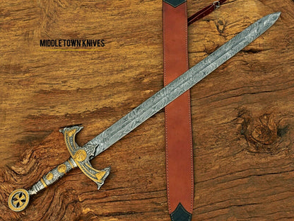 HS-1093 | Fully Handmade Damascus Steel Viking Medieval Sword, Customized leather Cover Gift for husband