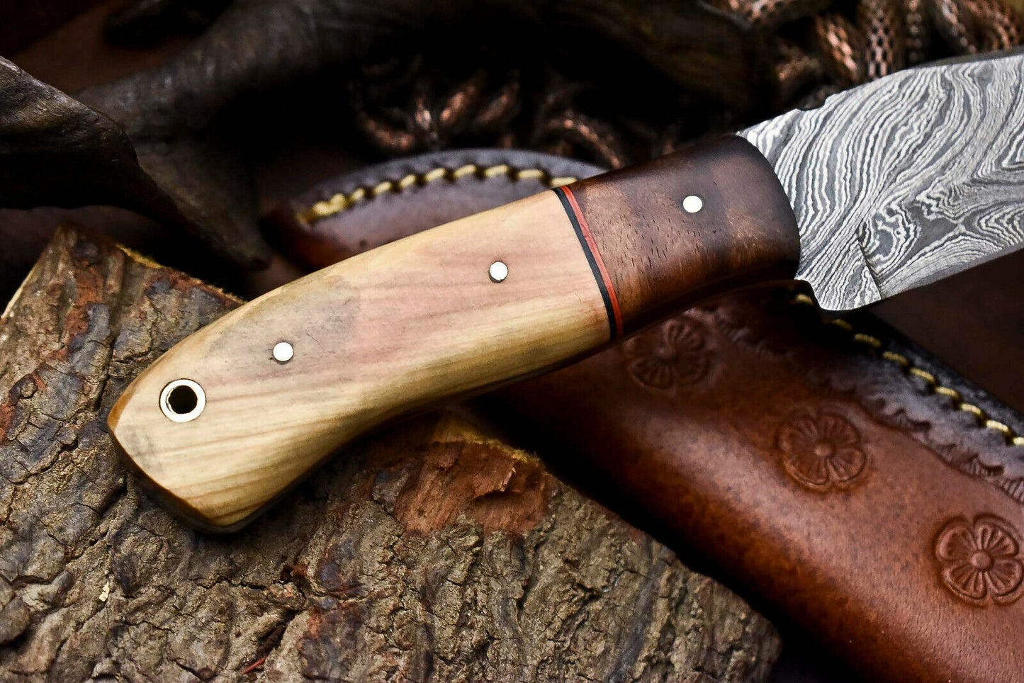 HS-703 Custom Handmade Damascus Steel Skinner Knife - Beautiful Wood Handle