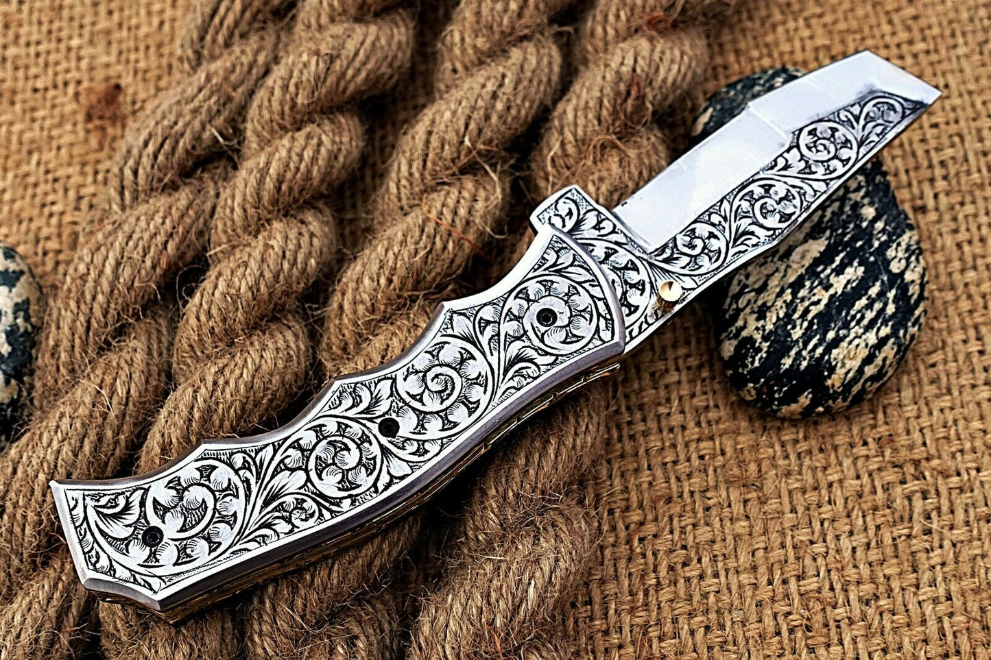 Custom Hand Engraved Folding-Pocket Knife Life Time Used With Engraved Handle