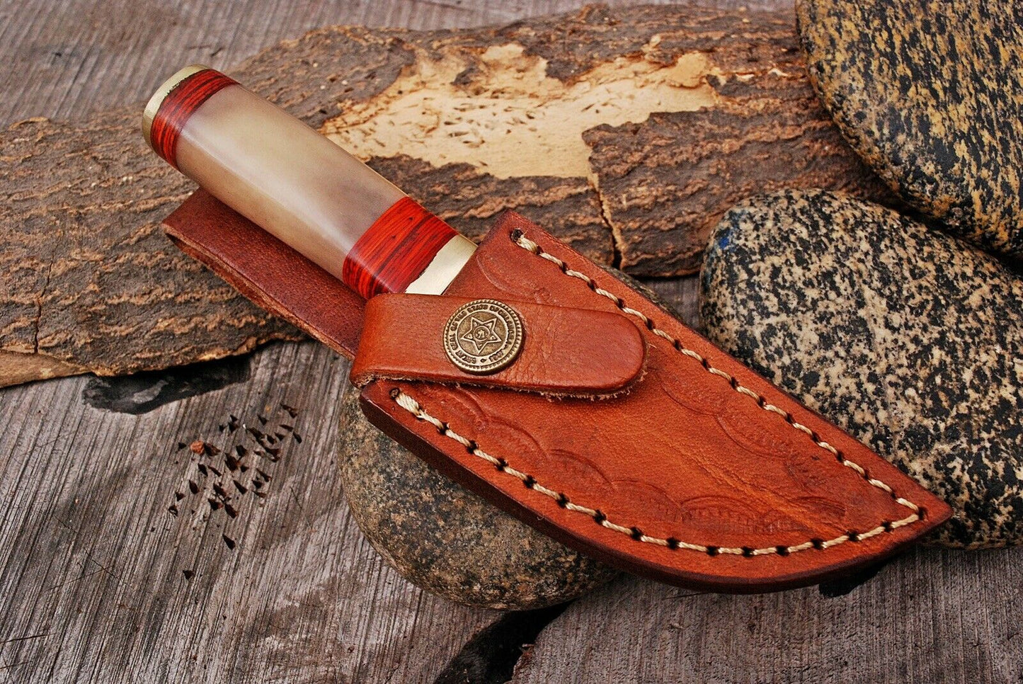 HS-793 Six Inch Custom Handmade Damascus Skinner Knife With Bone Handle