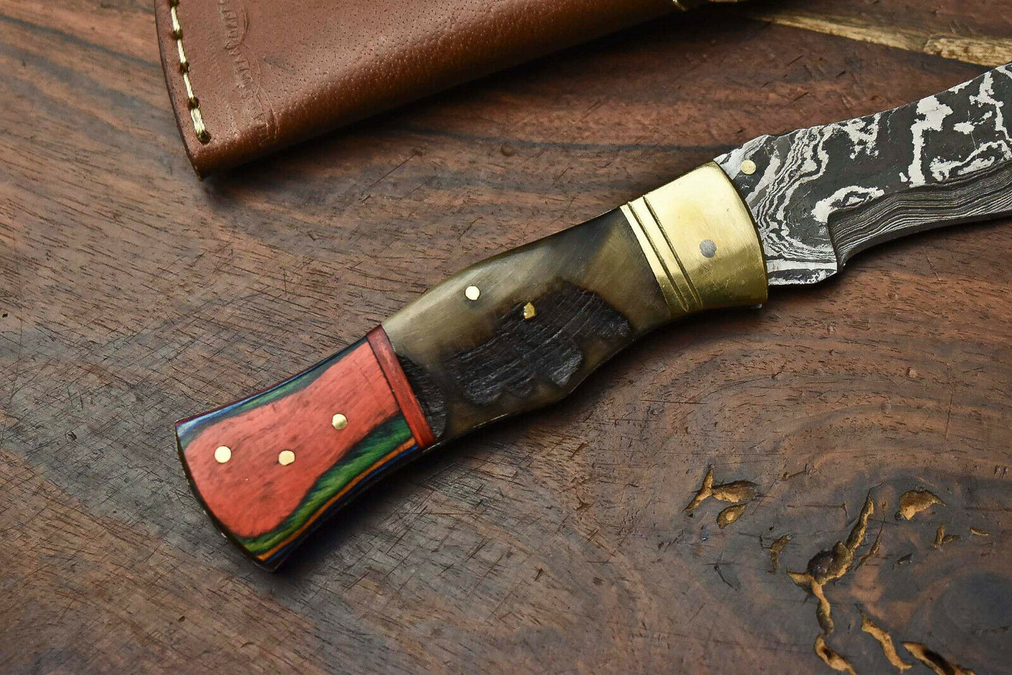 HS-1139 Custom Handmade Damascus Steel Blade Liner-Lock Pocket Folding Knife| Ram Horn