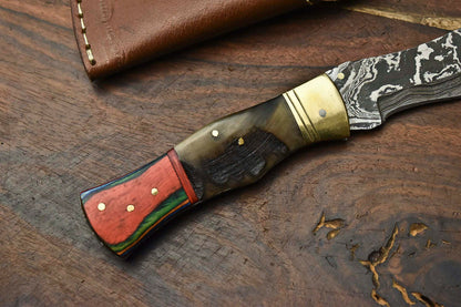 HS-1139 Custom Handmade Damascus Steel Blade Liner-Lock Pocket Folding Knife| Ram Horn