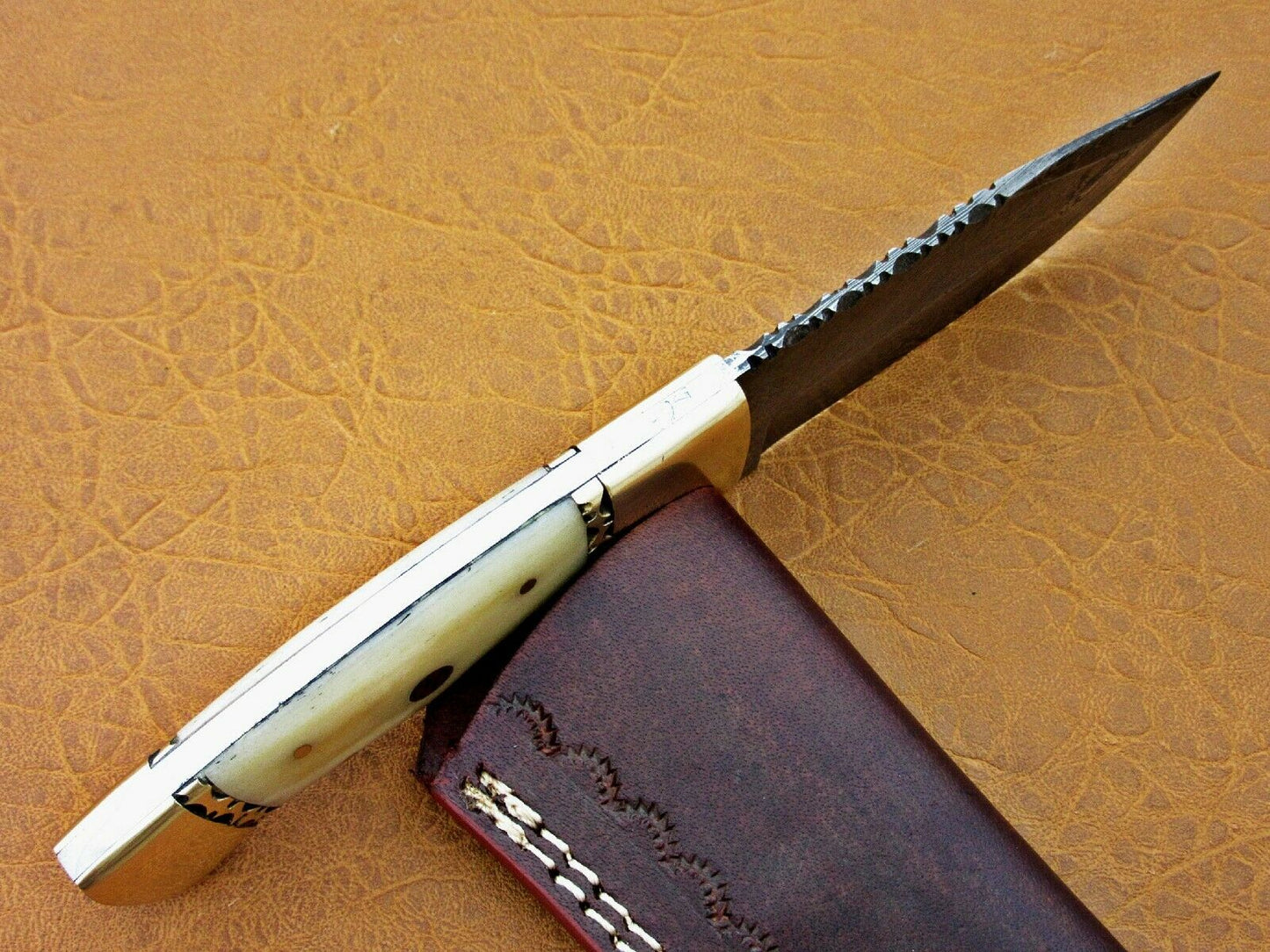 HS-775 Custom Handmade Damascus Skinner Knife With Camel Bone Handle
