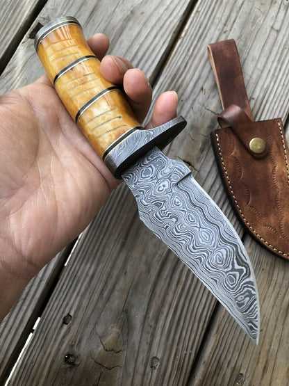HS-461 Custom Handmade High Carbon Damascus Steel Hunting Camping Best Knife - Awesome Colour Camel Bone Handle