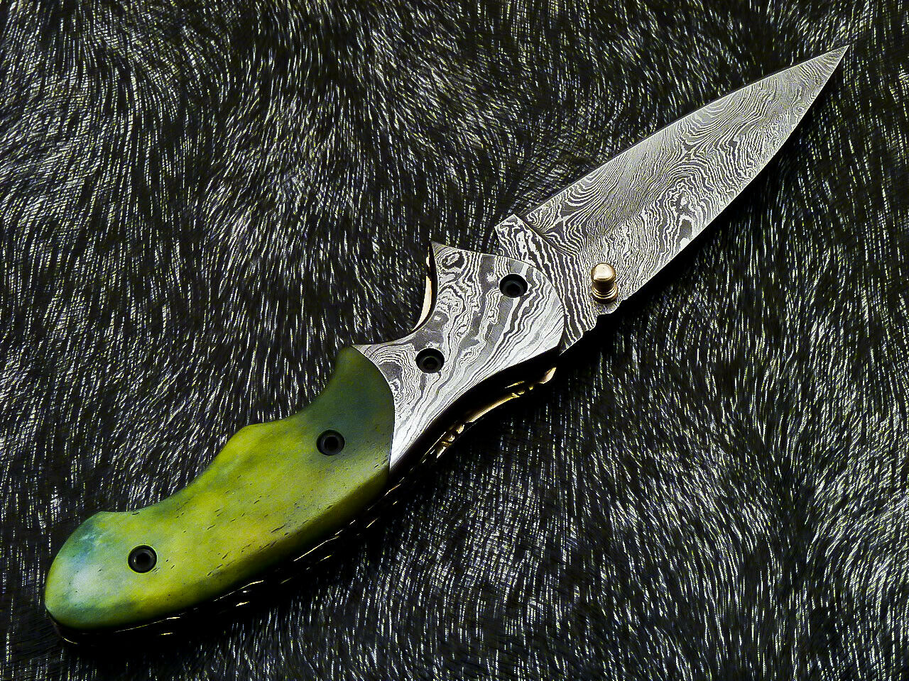 Damascus Liner Lock Folding Knife – Camel Bone Handle | HS-1121