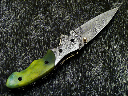 Damascus Liner Lock Folding Knife – Camel Bone Handle | HS-1121