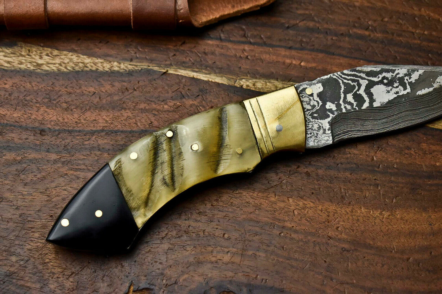 HS-1138 Custom Handmade Damascus Steel Blade Liner-Lock Pocket Folding Knife| RAM'S HORN