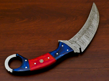 HS-886 HANDMADE DAMASCUS CUSTOM PAKKA WOOD KARAMBIT HUNTING KNIFE