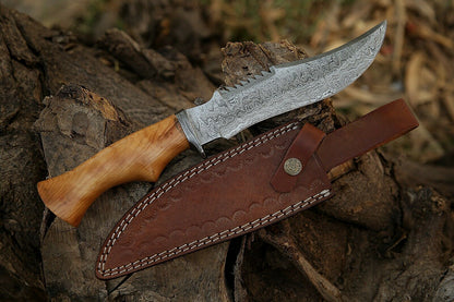 HS-307 Damascus Steel Handmade Hand Forged Olive Wood handle Bowie Knife,with sheath