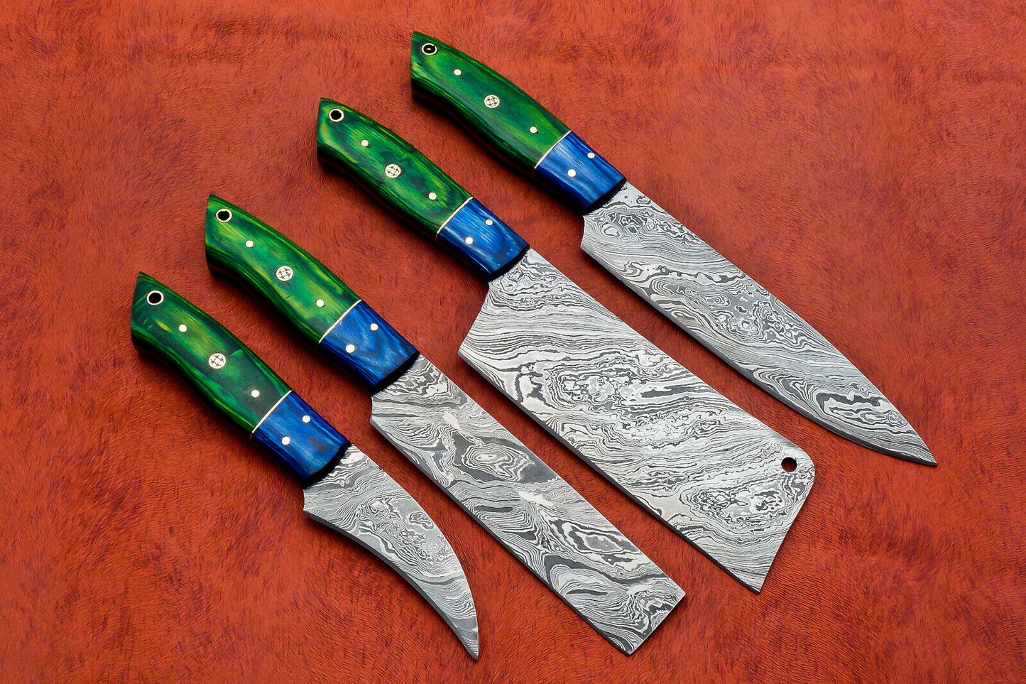 HS-145 Custom Handmade Damascus Steel 4 Pc's Chef Set with Blue and Green Wood Handlei
