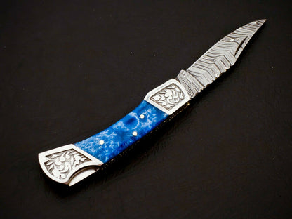 Damascus Steel Back Lock Folding Knife – Resin Handle | HS-1111