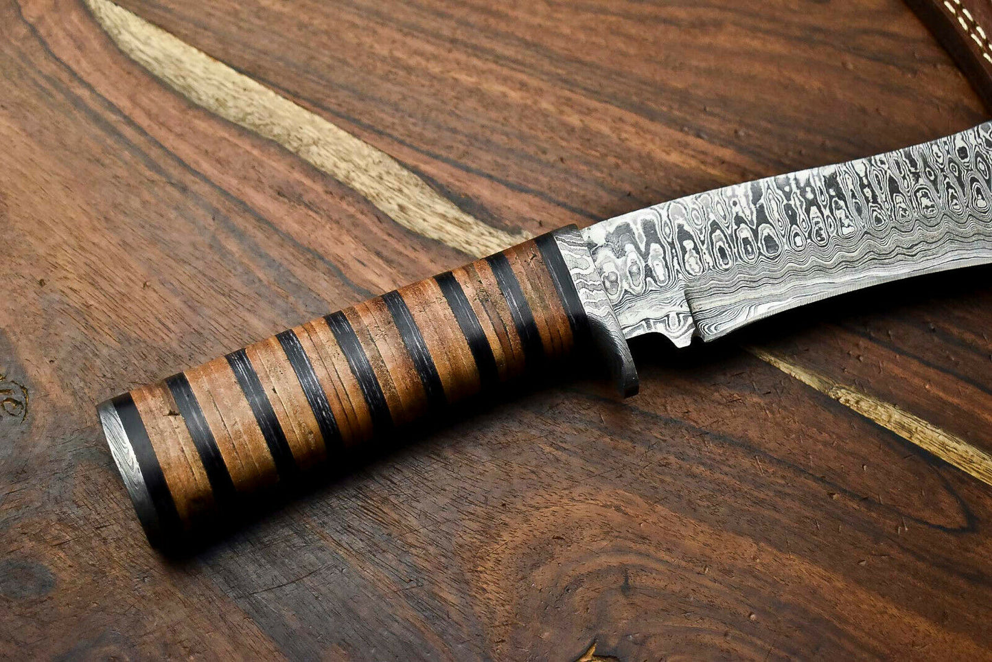 HS-316 Custom Hand Made Damascus Steel Blade Bowie Hunting Knife | LEATHER