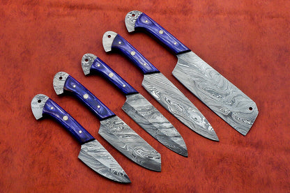 HS-144 Custom Handmade Damascus Steel 5 Piece Chef Set with Blue Wood Handle