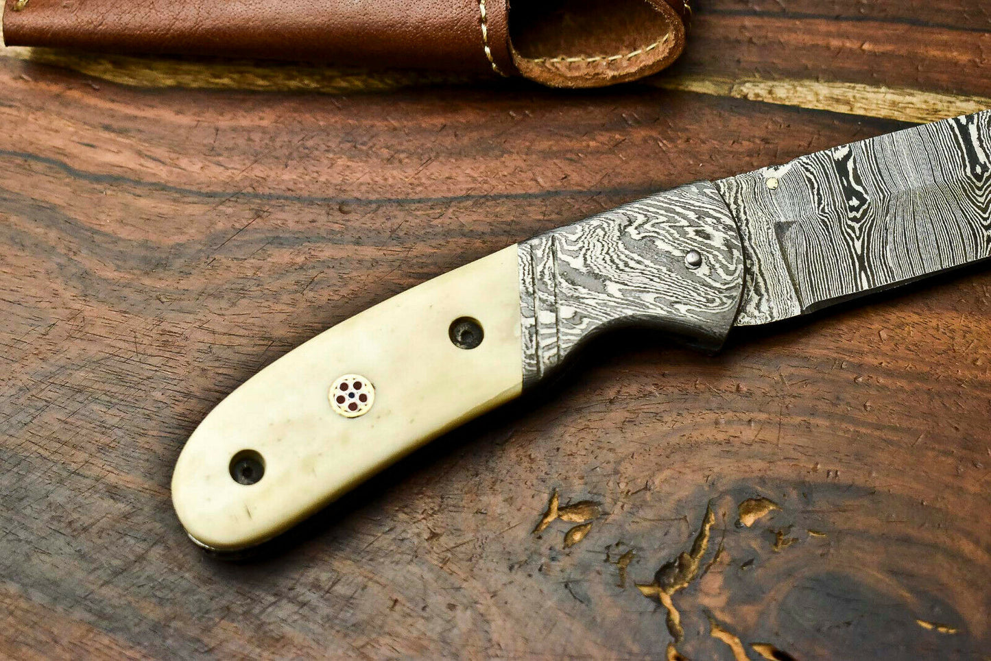 HS-1133 Custom Handmade Damascus Steel Blade Liner-Lock Pocket Folding Knife| CAMEL BONE