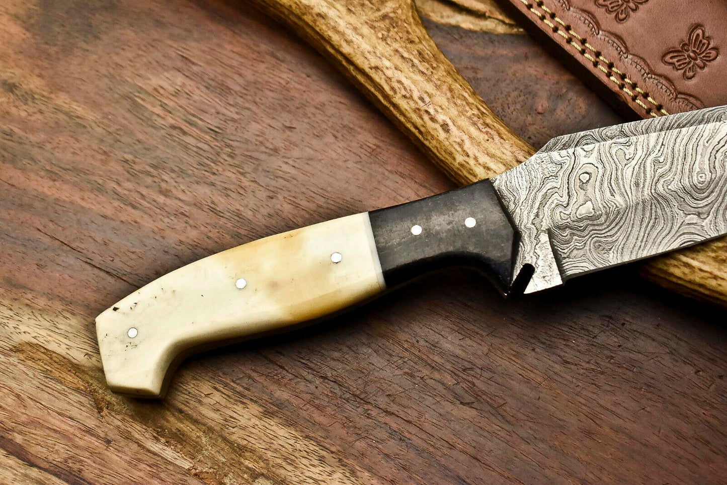 HS-403 | Custom Handmade Awesome Camel Bone/Black Sheet Handle Damascus Steel Hunting Knife - Great Price