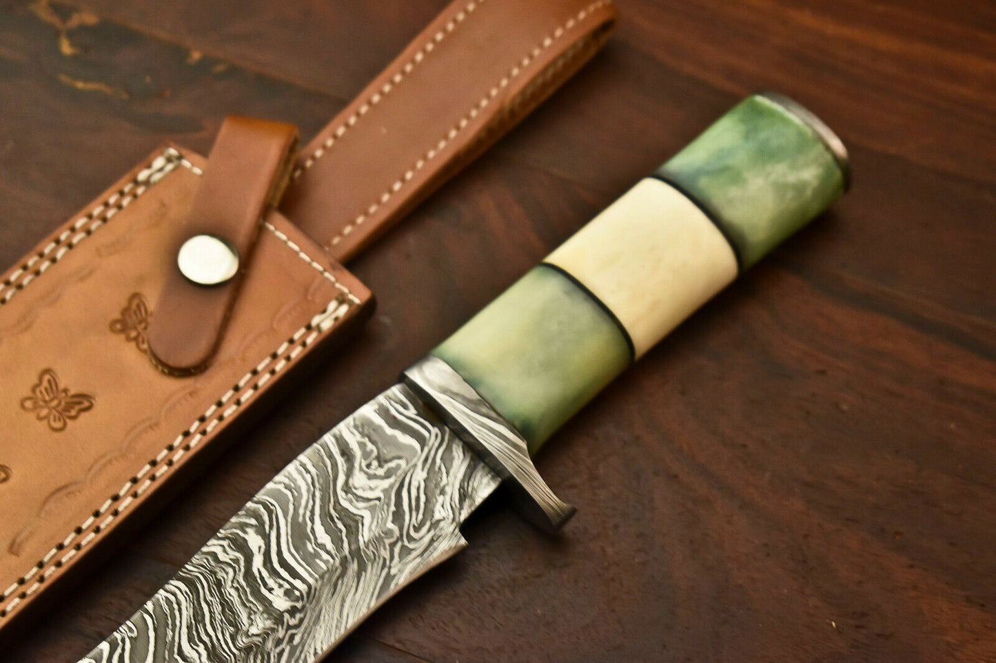 HS-336 | Custom Handmade Damascus SteelHunting / Bowie Knife - Camel Bone Handle