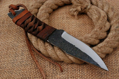 HS-755 Custom Hand Forged Railroad Steel Skinner Knife 8.0 inch Overall And Leather Cord Handle
