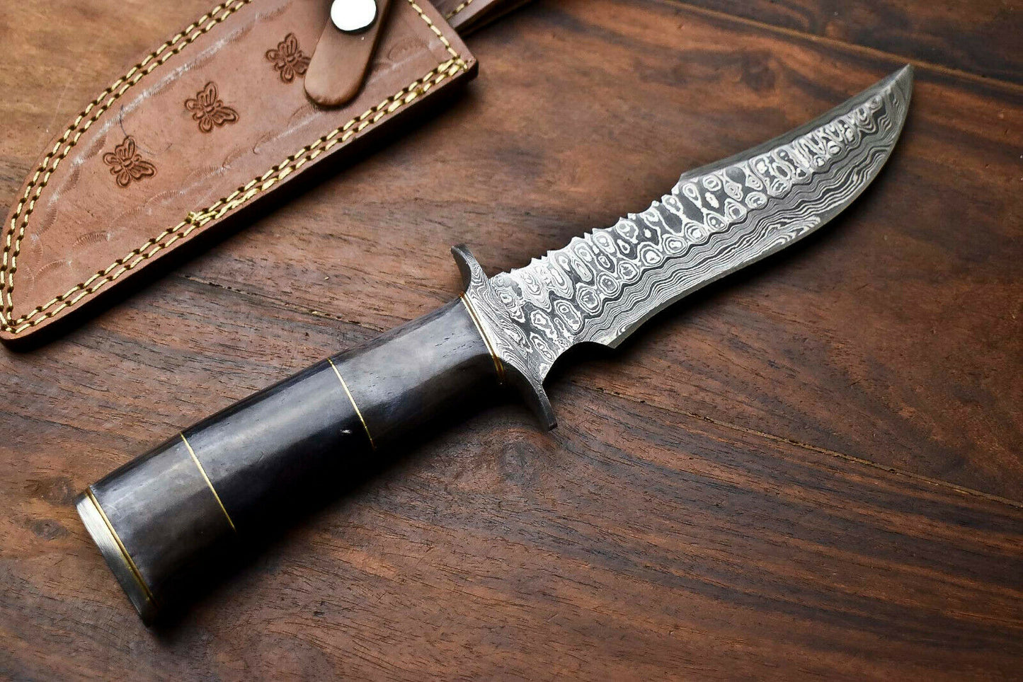 HS-412 | Custom Handmade Damascus Steel Hunting Knife - Buffalo Horn Handle
