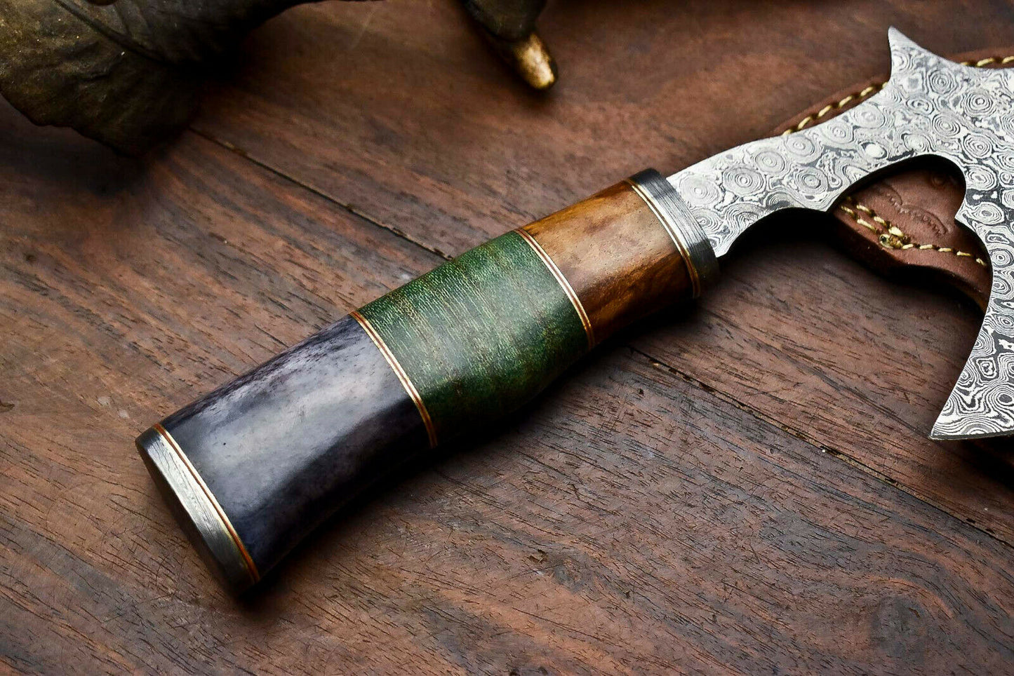 HS-1056 | Custom Hand Made Damascus Blade Hunting Hatchet Mini Viking Axe | Camel Bone & Wood