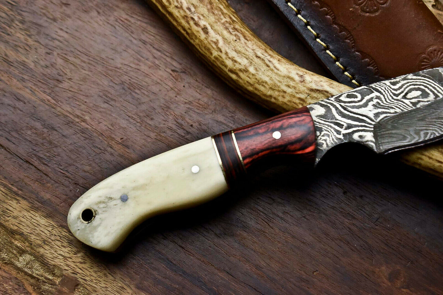 HS-712 Custom Handmade Awesome Camel Bone/Hard Wood Handle Damascus Steel Skinner Knife - Great Price