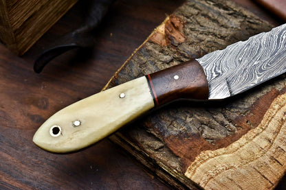 HS-718 Custom Handmade Camel Bone & Wood Hanlde Damascus Steel Skinner Knife - Great Price