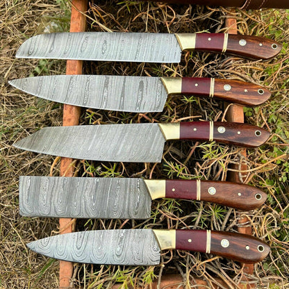 HS-128 '' Hand Forged Damascus Steel Hunting Chef Kitchen Knife Set W/ Sheath