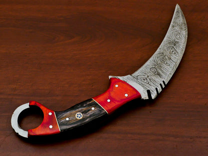 HS-885 HANDMADE DAMASCUS CUSTOM PAKKA WOOD KARAMBIT HUNTING KNIFE -