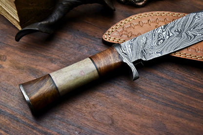 HS-327 | Custom Handmade Damascus Steel Hunitng/Bowie Knife - Wood + Bone Handle