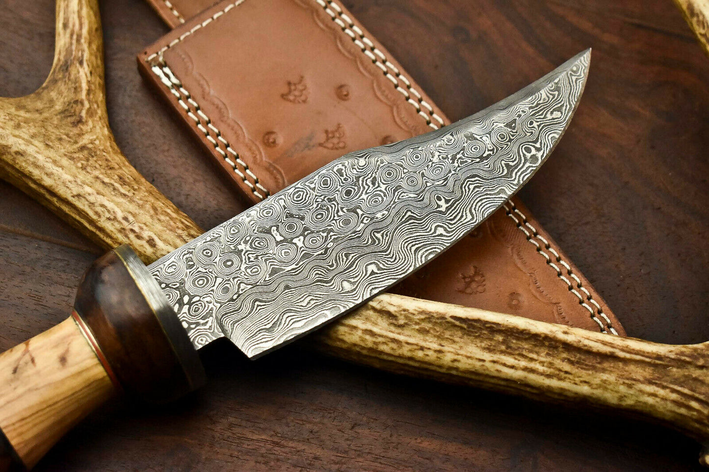 HS-401 | Custom Handmade Damascus Steel Camping Hunting Knife - Beautiful Olive Wood Handle