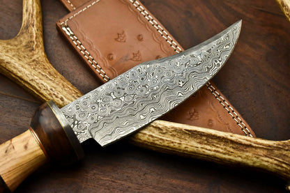 HS-401 | Custom Handmade Damascus Steel Camping Hunting Knife - Beautiful Olive Wood Handle