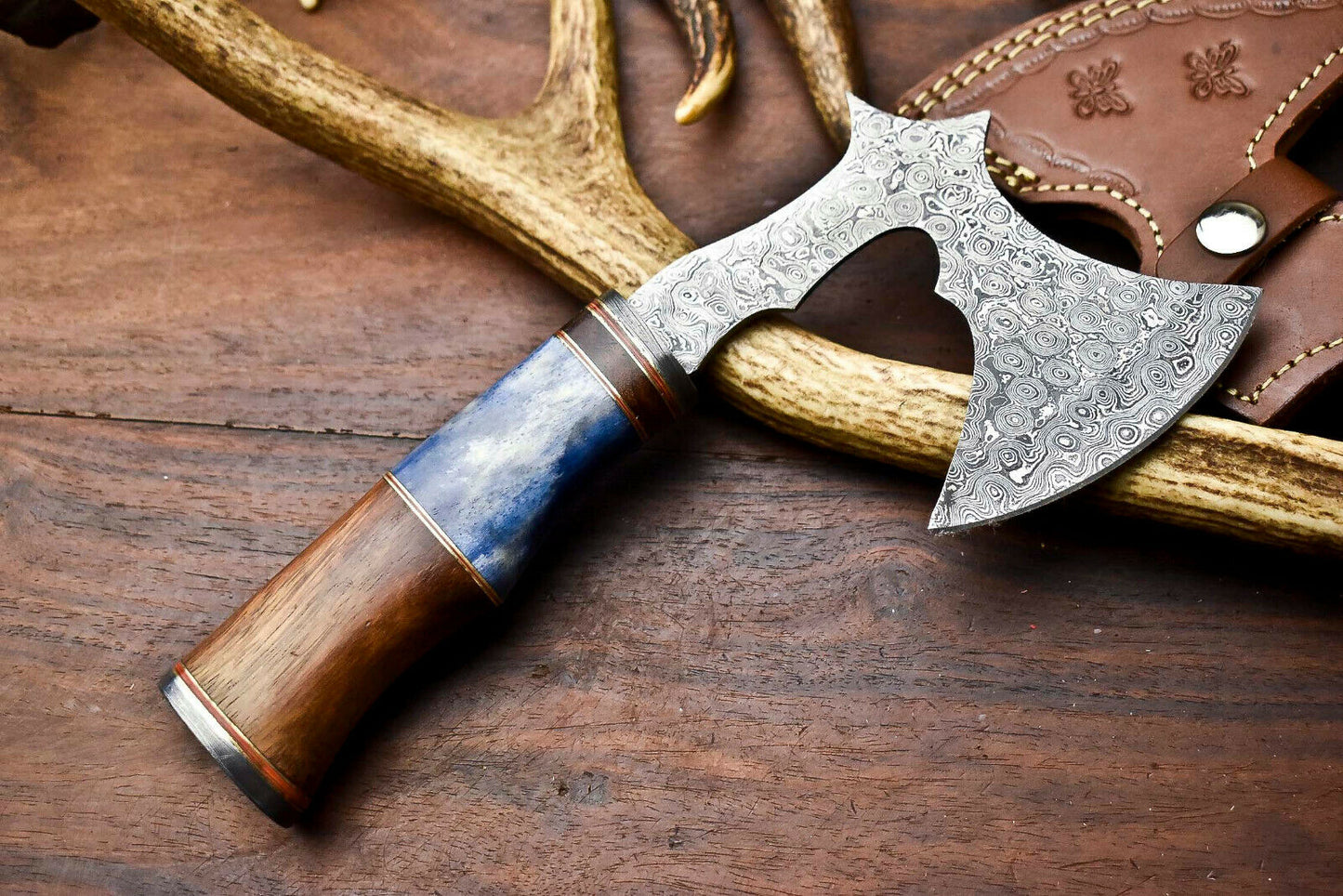 HS-1057 | Custom Hand Made Damascus Blade Hunting Hatchet Mini Viking Axe | Camel Bone & Wood