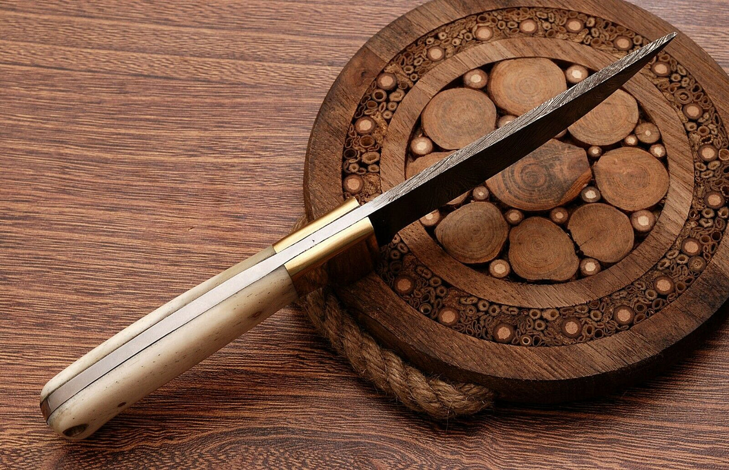 HS-760 Custom Handmade Damascus Skinner Knife + Brass Bolster And Camel Bone Handle