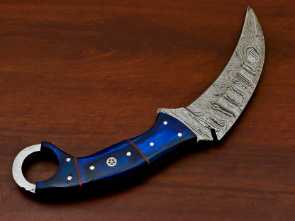 HS-887 HANDMADE DAMASCUS CUSTOM PAKKA WOOD KARAMBIT HUNTING KNIFE