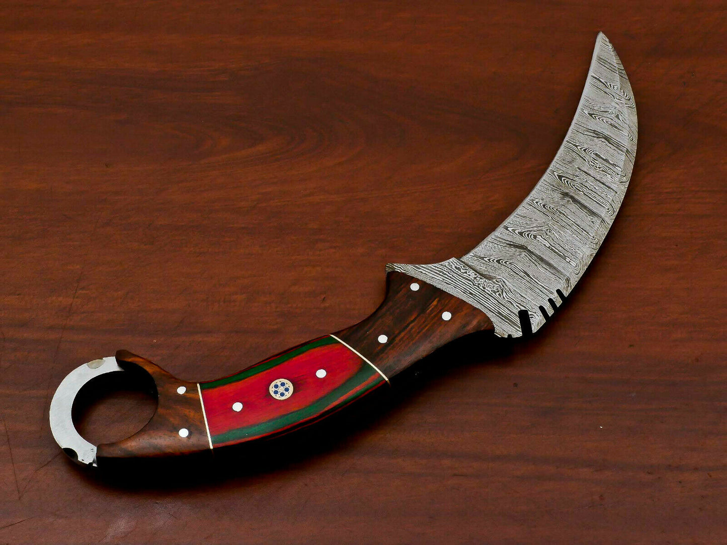 HS-888 HANDMADE DAMASCUS CUSTOM ROSE/PAKKA WOOD KARAMBIT HUNTING KNIFE