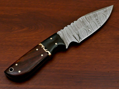 HS-570 HANDMADE DAMASCUS CUSTOM ROSE WOOD/HORN HANDLE SKINNING CAMPING KNIFE