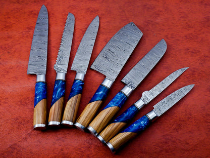 Hs-137 Unique Epoxy and Wooden Handle 7Pc's Chef Set of Custom Handmade Damascus Steel