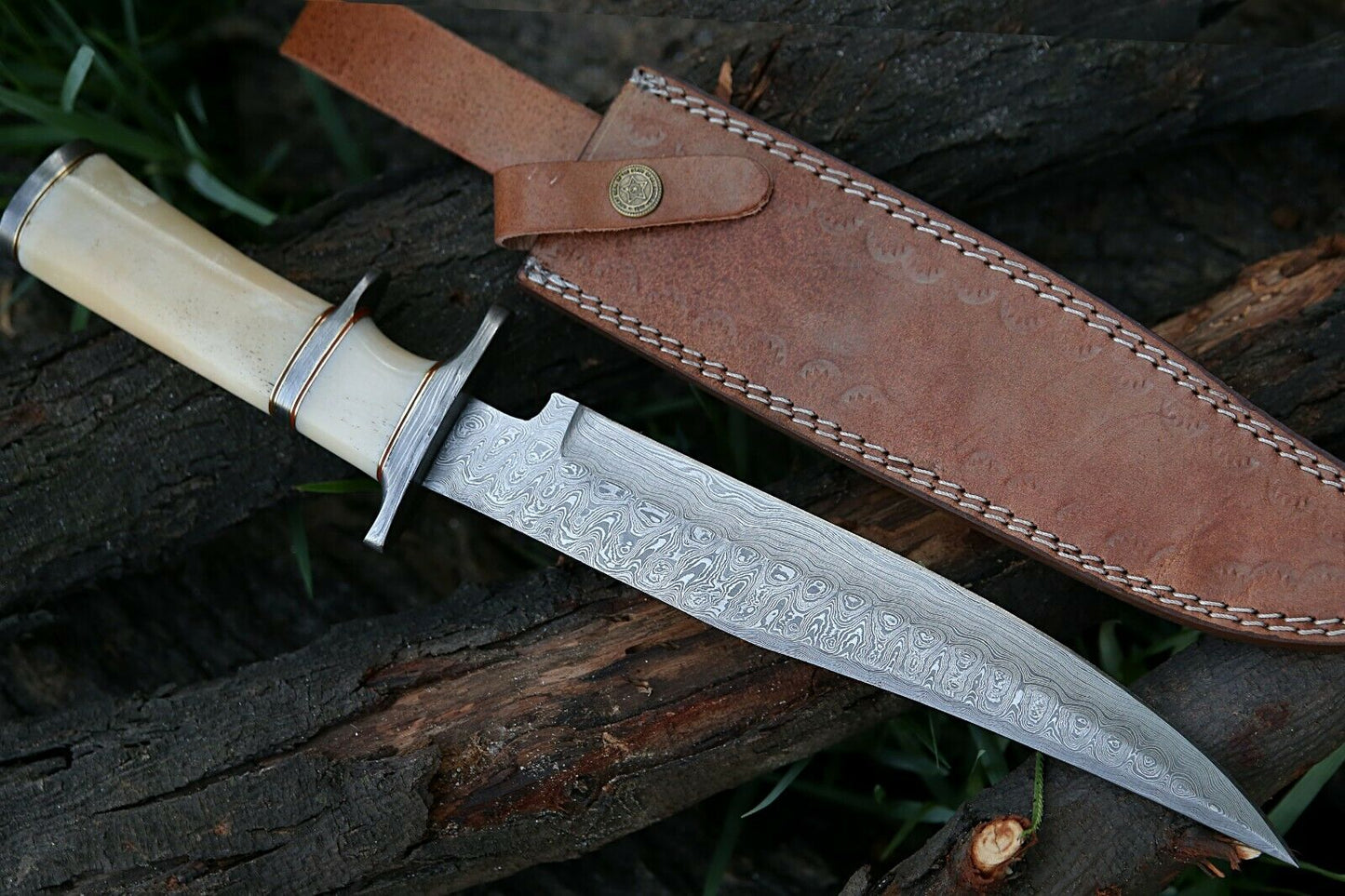 HS-311  Personalized Damascus Hunting Bowie Knife, Damascus Steel Blade, Camel Bone Hand
