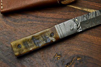 HS-1137 Custom Handmade Damascus Steel Blade Liner-Lock Pocket Folding Knife| RAM'S HORN