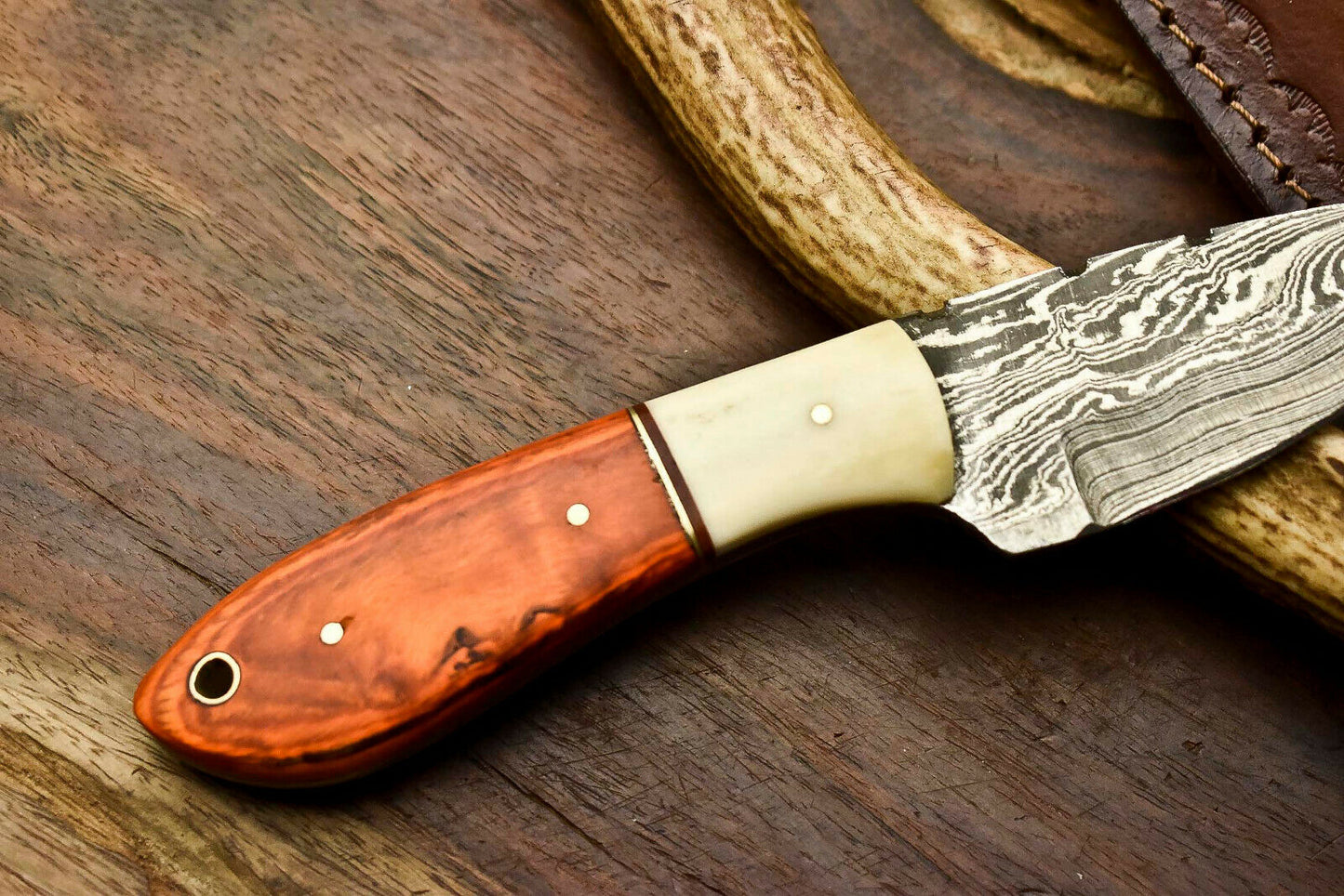 HS-690 Custom Handmade Damascus Steel Skinner Knife - Beautiful Hard Wood And Bone Handle