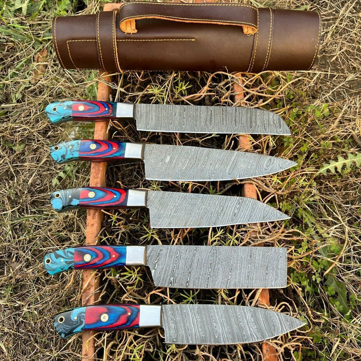HS-131 '' Hand Forged Damascus Steel Hunting Chef Kitchen Knife Set W/ Sheath