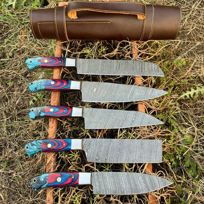 HS-131 '' Hand Forged Damascus Steel Hunting Chef Kitchen Knife Set W/ Sheath