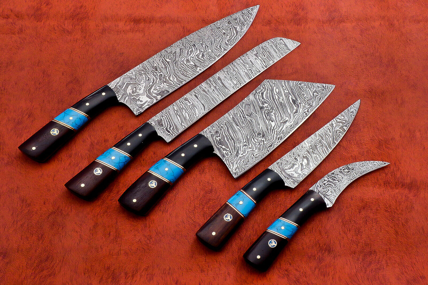 HS-142 Custom Handmade Damascus Steel 5 Pc's Chef Set with Turquoise,Resin,Wood Handle