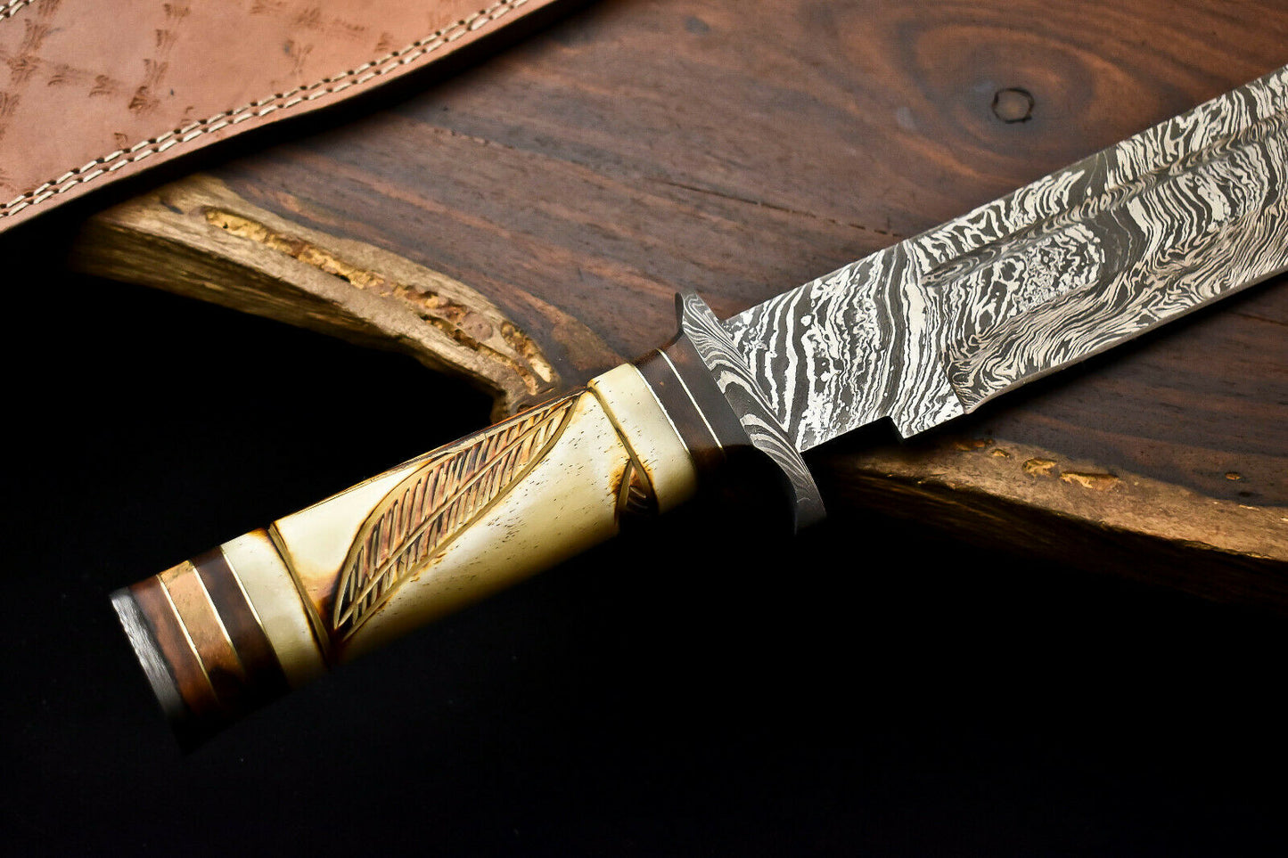 HS-334 | Custom Handmade Damascus Steel Hunitng/Bowie Knife - Engraved Camel Bone Handle