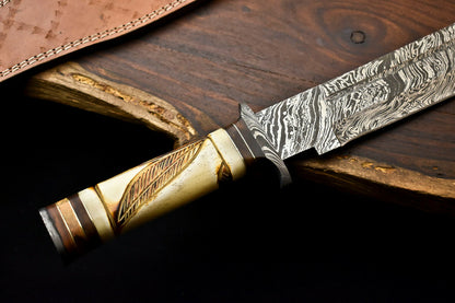 HS-334 | Custom Handmade Damascus Steel Hunitng/Bowie Knife - Engraved Camel Bone Handle