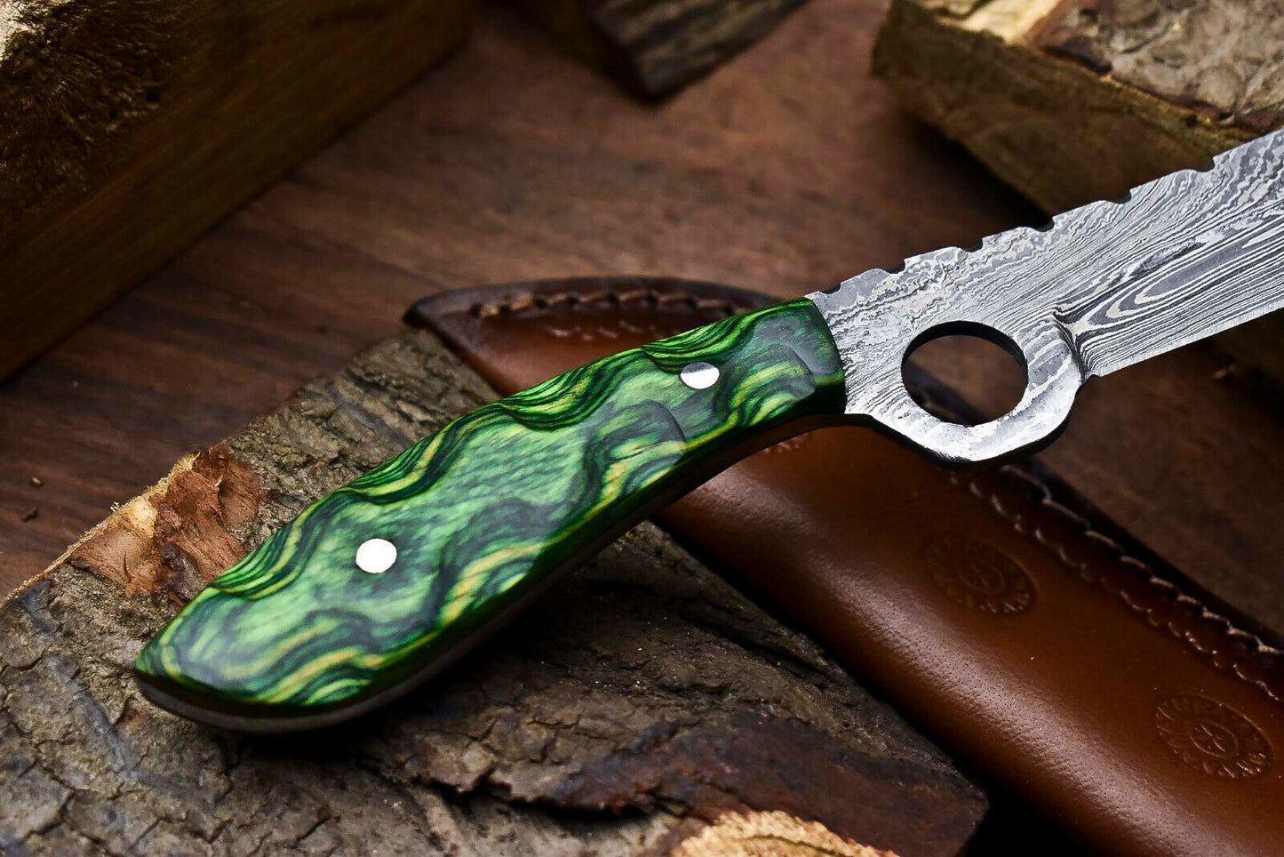HS-1000 | Custom Handmade Damascus Steel Bull Cutter Knife - Beautiful Hard Wood Handle